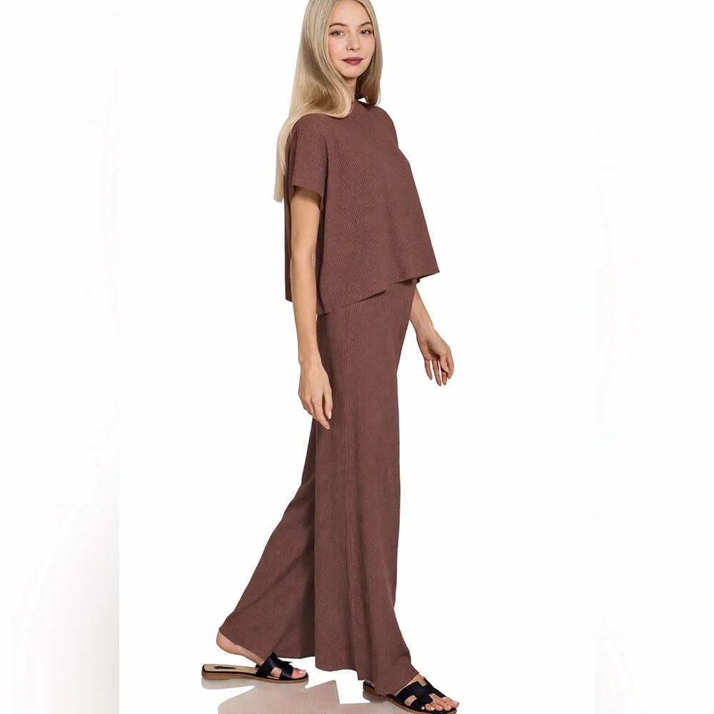 NEW Zenana Brown Viscose Ribbed Matching Set Top & High Rise Pants Size Medium
